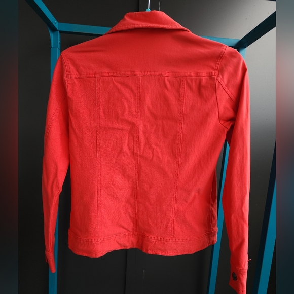SIMON CHANG DEEP CORAL STRETCHY DENIM JACKET ~ SIZE 4 - Picture 3 of 8